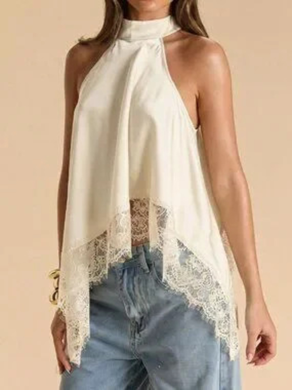 Apricot Elegant Women's Halter Neck Backless Lace Trim Tank Top